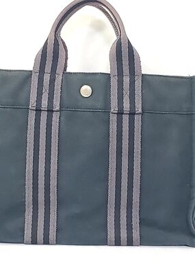 Hermes Grey Tote with Gray Striped Handles